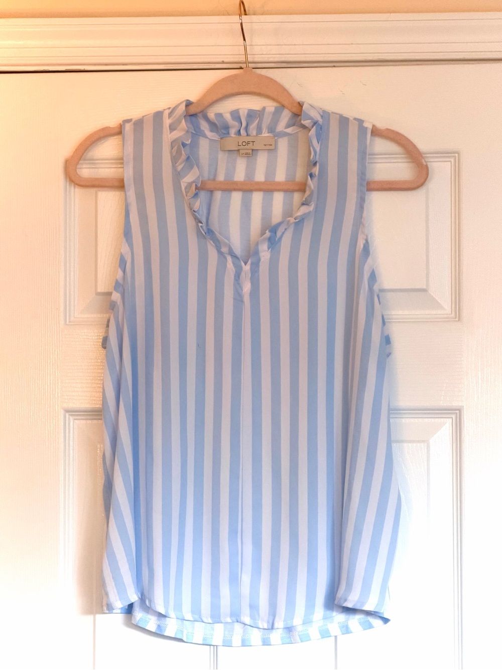 LOFT Petites Blue & White Striped Ruffle Neck Blouse Size LP